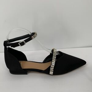 Anthropologie satin black flats shoe crystal rhinestone fabric ankle strap 39 8